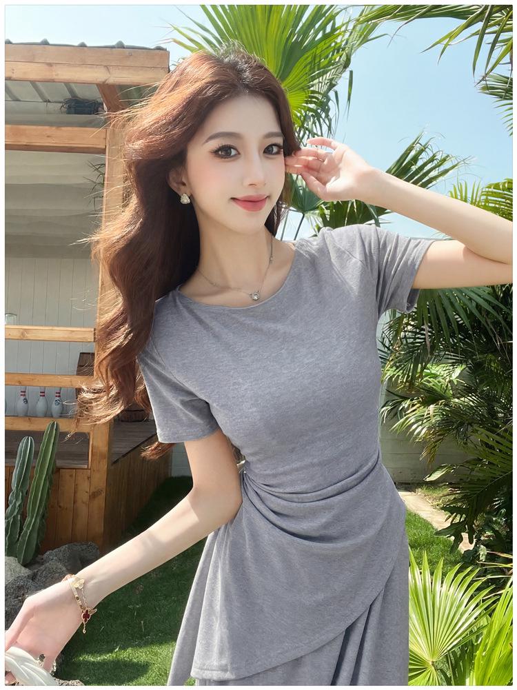 Französisches Falten-T-Shirt mit tailliertem Bund & High-Waist-Rock Sommer-Set für Damen