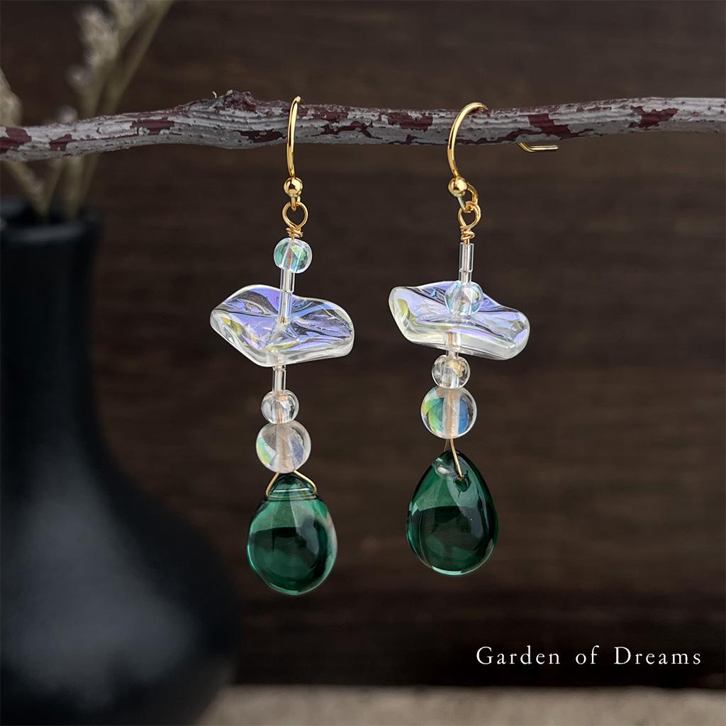 Original Chinese Style Lotus Leaf Tassel Glass Earrings – Retro Artistic, Elegant, Cool Green Design