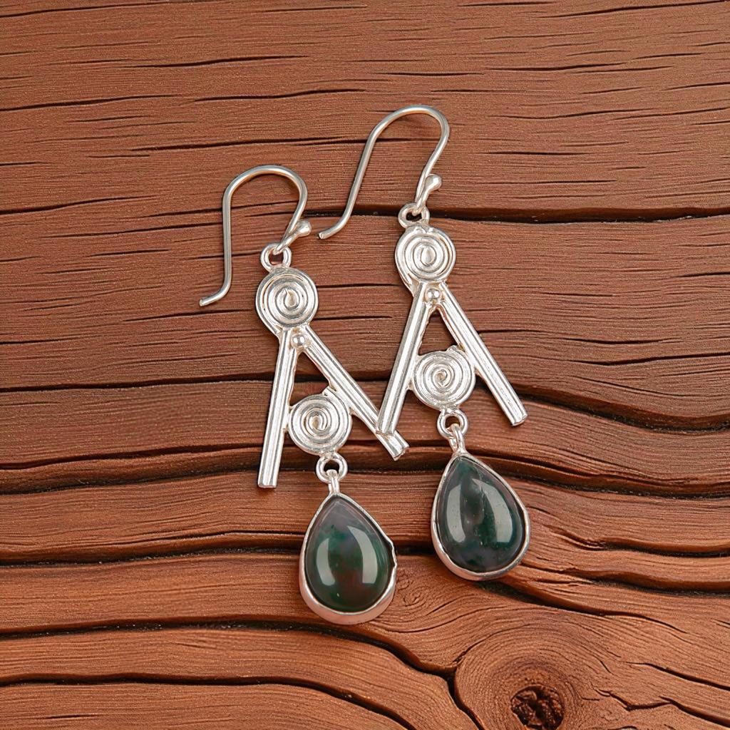 Rare Moss Agate Gemstone 925 Sterling Silver Jewelry Handmade Hook Earrings 2.4" EE-86-28