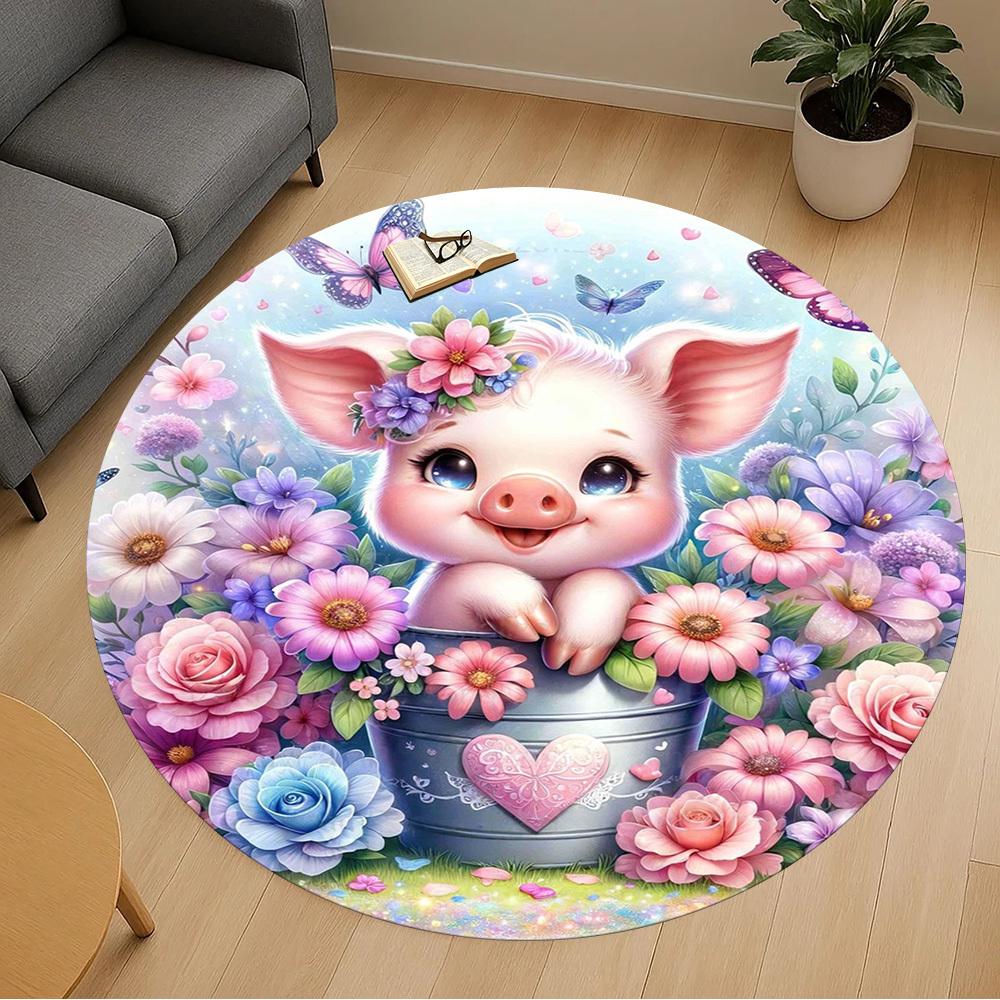 1pc Piggy Flowers Round Chair Mat Office Area Rug - Non-Slip, Floor Mat for Office, Bedroom, Ideal Home Decor Gift C0112076