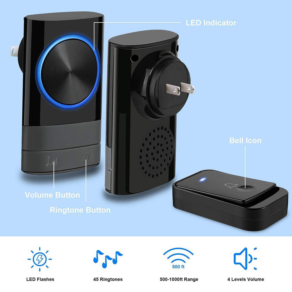 Campainha de Porta Sem Fio com Flash LED Campainha de Porta à Prova d'Água Volume Ajustável 2 Receptores Plug-in