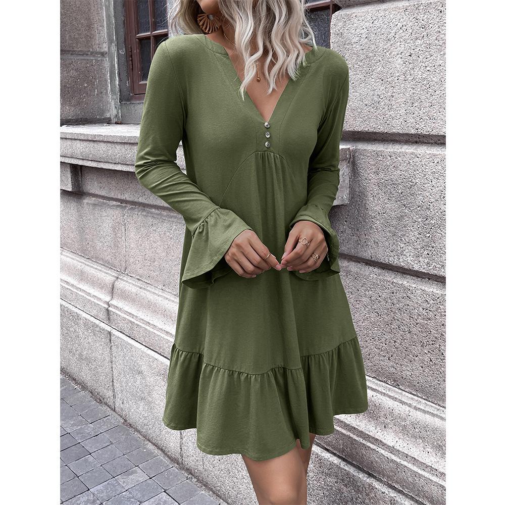 

Платье однотонное с V-образным вырезом и рукавами с оборками, миди, с длинными рукавами, для женщин XL армия зеленый