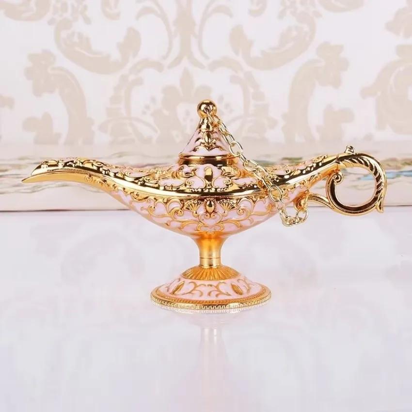 Elegant Vintage Metal Carved Aladdin Lamp Light Wishing Tea Oil Pot Decoration Collectable Saving Collection Art Craft Gift Prop