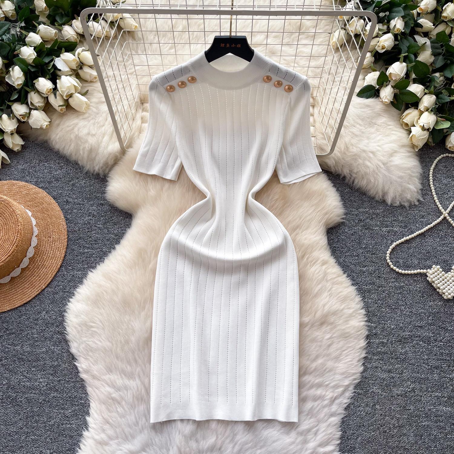 

Summer Knitted Sweater Bodycon Sheath Pencil Dress Bottoming Women Short Sleeve Casual Elastic Party Dresses One-size белый