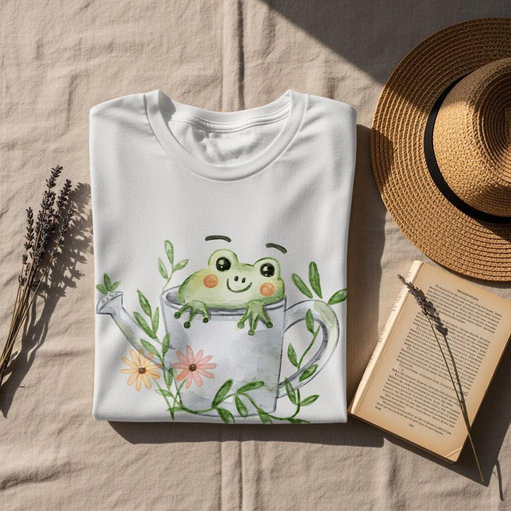 Watercolor Frog T-Shirt, Watering Can, Cottagecore Garden Top