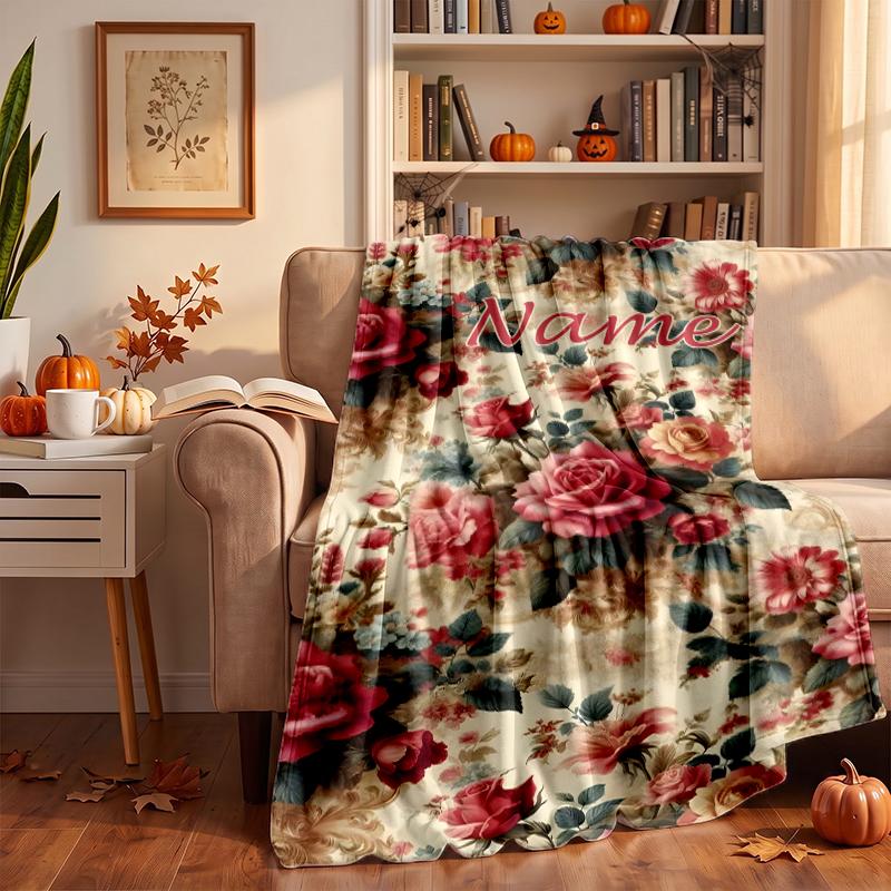 Retro floral Custom Flannel Blankets Soft Warm Cozy Throws for Home Decor Holiday Gifts