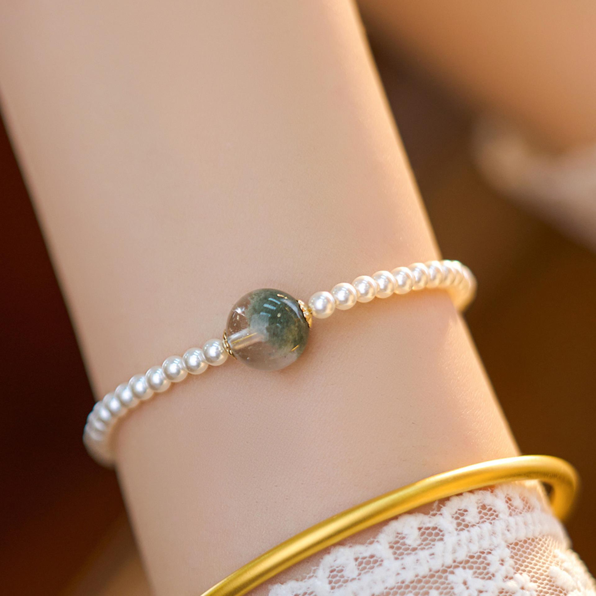 

ins Wind Shijia Pearl Splicing Color Aquamarine Strawberry Crystal Green Ghost Crystal Bracelet зелений