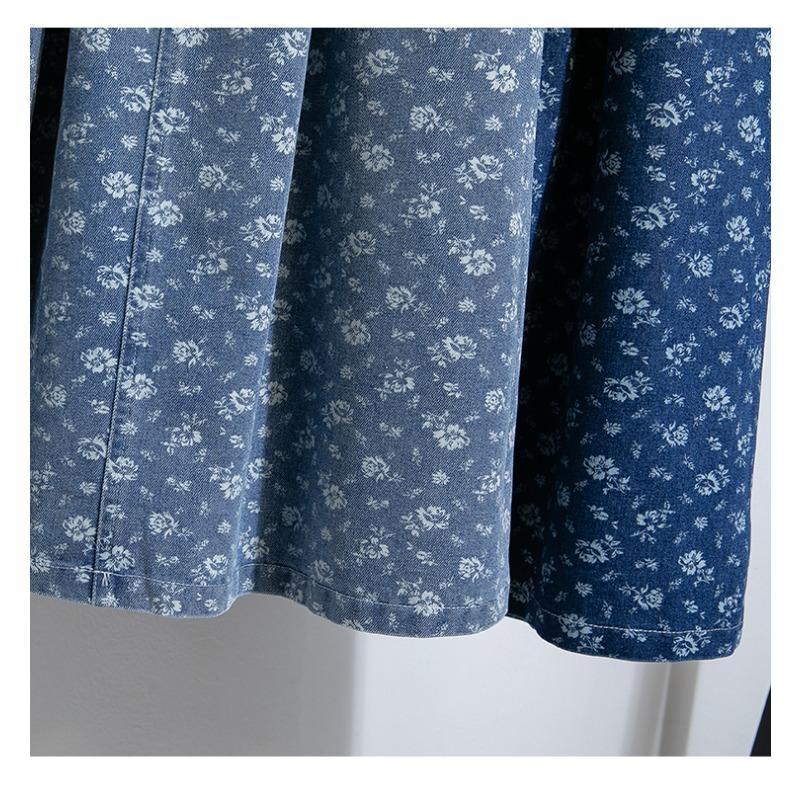DIMANAF 2025 Übergröße Herbst Winter Damen Lange Röcke Elastischer Bund Unterteile Übergröße Druck Floral Blau Denim