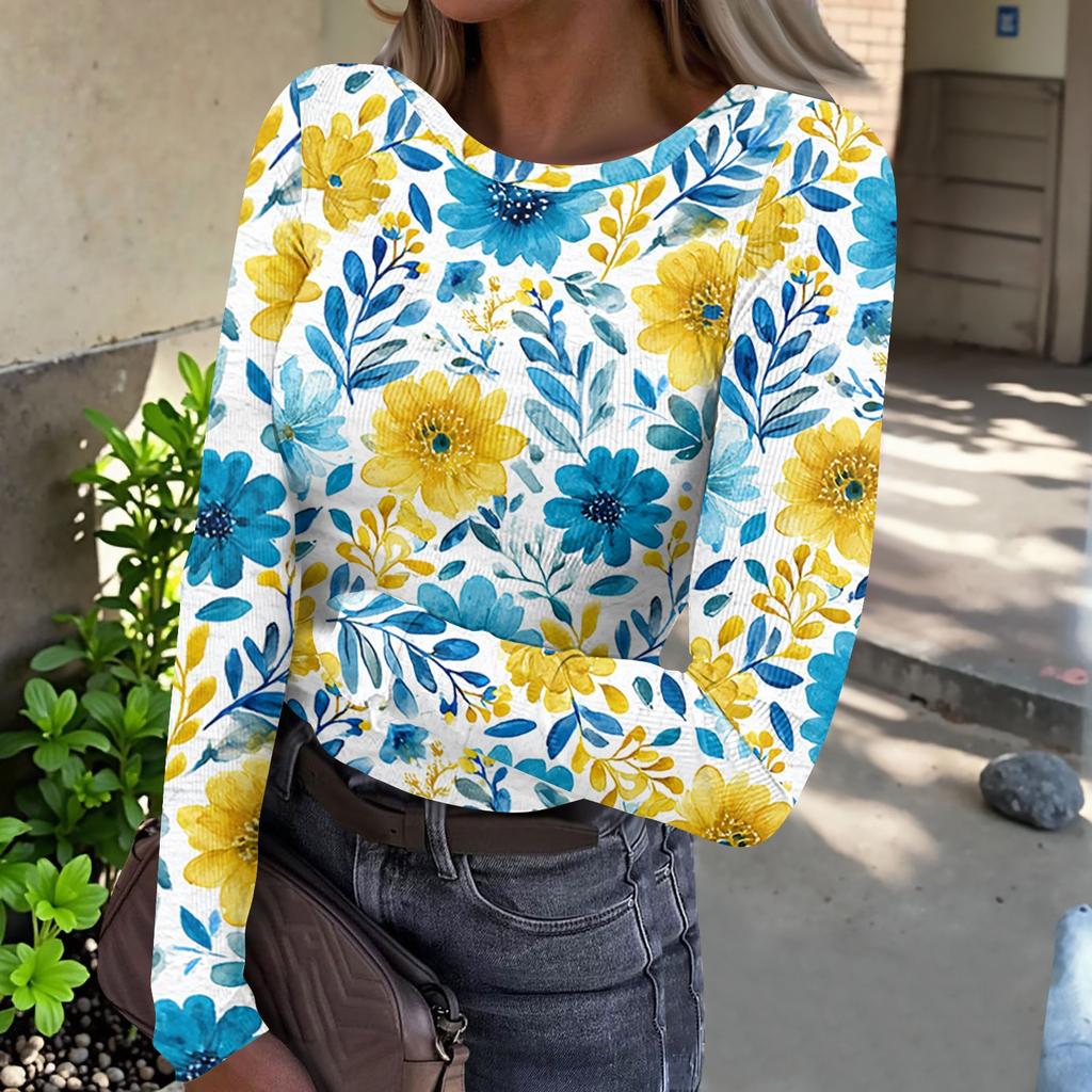 Women’s Casual Long Sleeve Ribbed Crew Neck Top with Floral Print Pullover Lightweight Stretchy Knitwear for Daily Wear