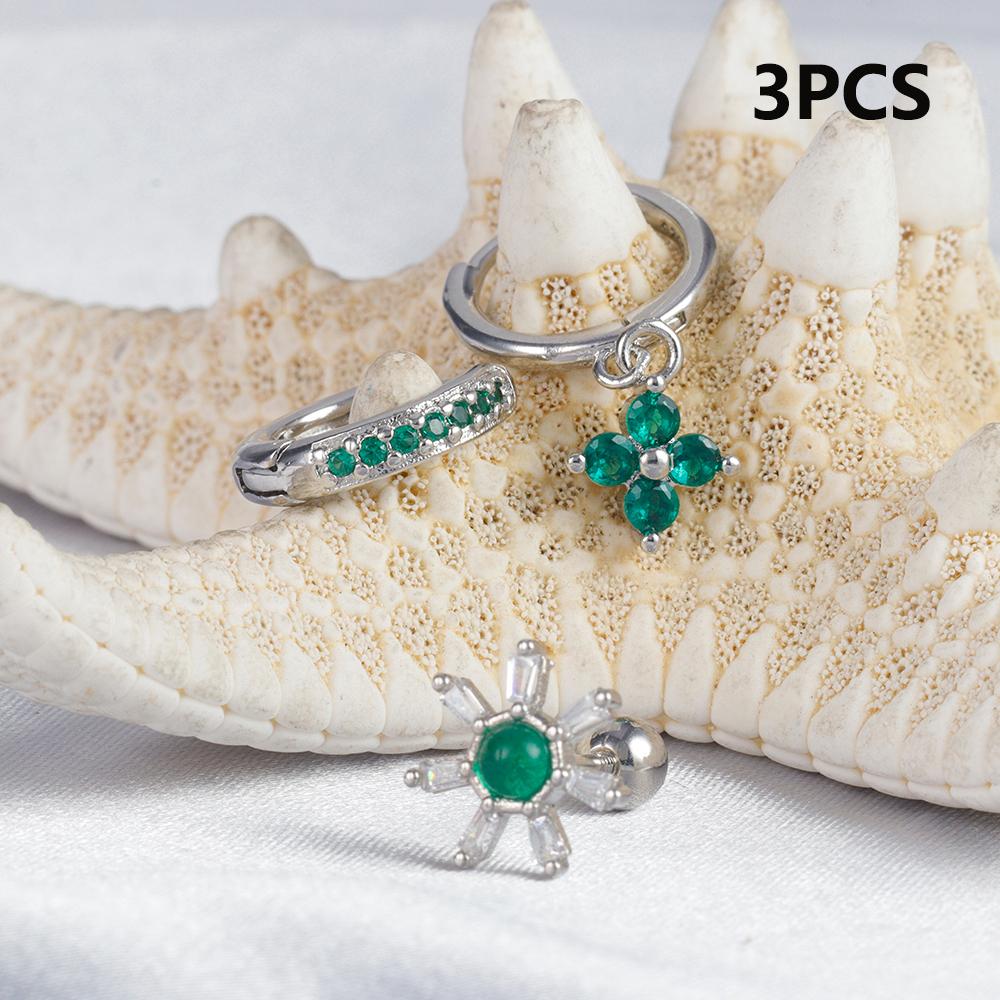 3PCS Green Zircon Flower Hoop Earrings Women Tiny Stainless Steel Round Circle Cartilage Piercing Earring Fashion Jewelry Sets