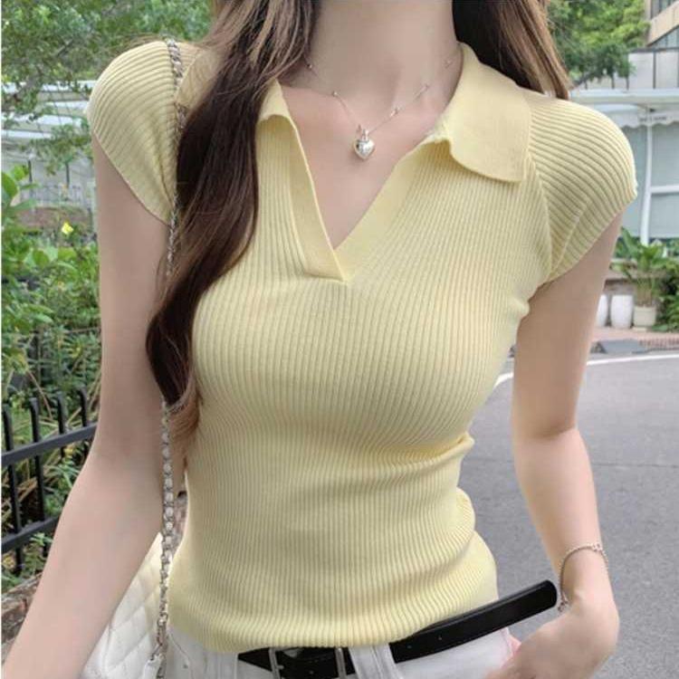 Temperament solid color polo collar small fly sleeve knitted sweater women's summer thin slim high waist short ice silk t-shirt top