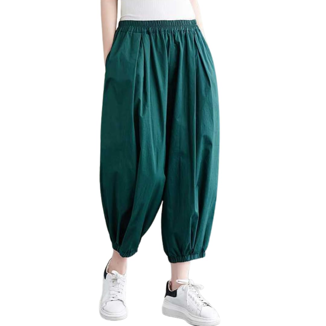 

Women s wide-leg harem pants, 3/4 length, elastic waistband, stress-free, casual, Asian style, cotton material, comfortable, sporty, opaque, stylish,