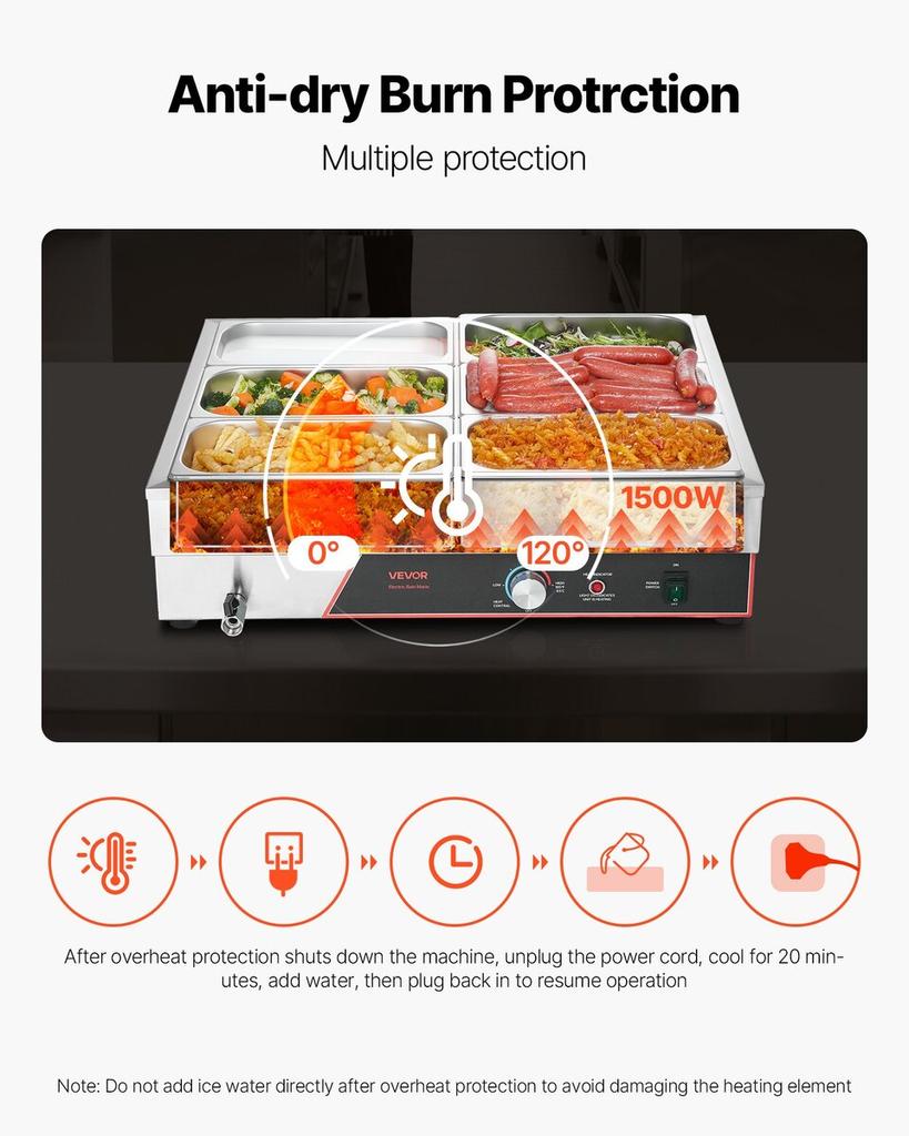 Commercial Food Warmer, 1500W Electric Stainless Steel Steam Food Warming with Lid, 6-Pan Fast Heating Countertop Buffet Bain Marie with Power Cord,