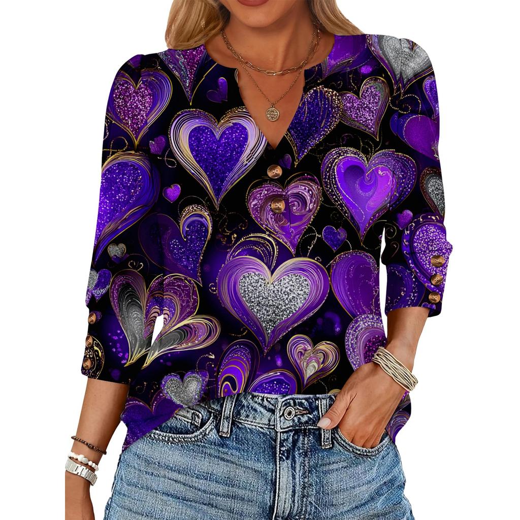 Women's Loose 7-inch Sleeve Top with Heart Print
