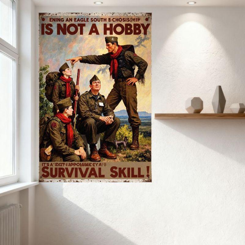 Vintage Military Scout Survival Metal Tin Sign - Weathered Metallic Texture Wall Plaque for Man Cave Bar Home Decor