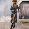 Women Autumn Winter Long Sleeve Flower Print Square Neck Casual A-Line Ankle-Length High Waist Dress