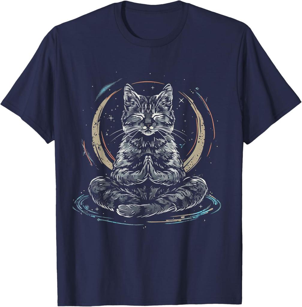 Cosmic Meditation Cat Spiritual Yoga Zen Buddha Graphic Tee Men's Casual Cotton T-Shirt
