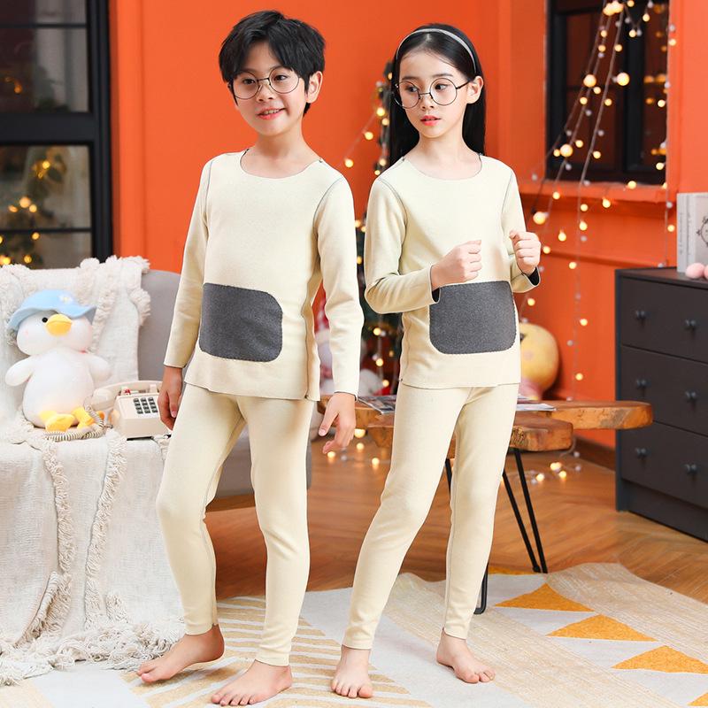 Kids' Medium Collar Warm Double-Sided Brushed Base Layer Set (Autumn Clothing & Pants for Small, Medium, and Large Children)