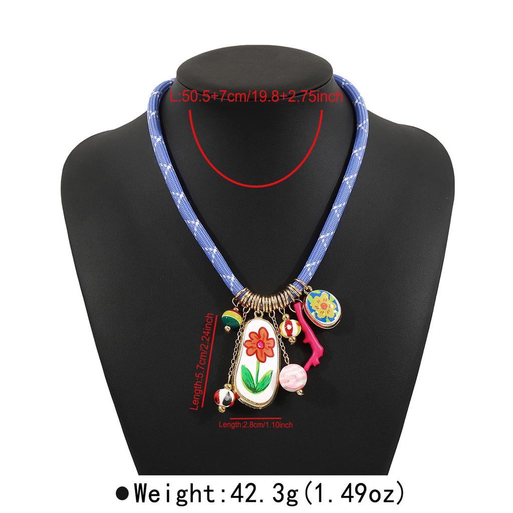 Cord Multi Enamel Pendant Necklace Women Boho Ethnic Statement Collar Jewelry Accessory