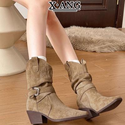 Rindsleder Merad Western Cowboy Stiefel Plissierte Stiefel mit Schaft Spitze Grober Absatz Ritterstiefel Mittelhohe Stiefel Kinder Martin Stiefel