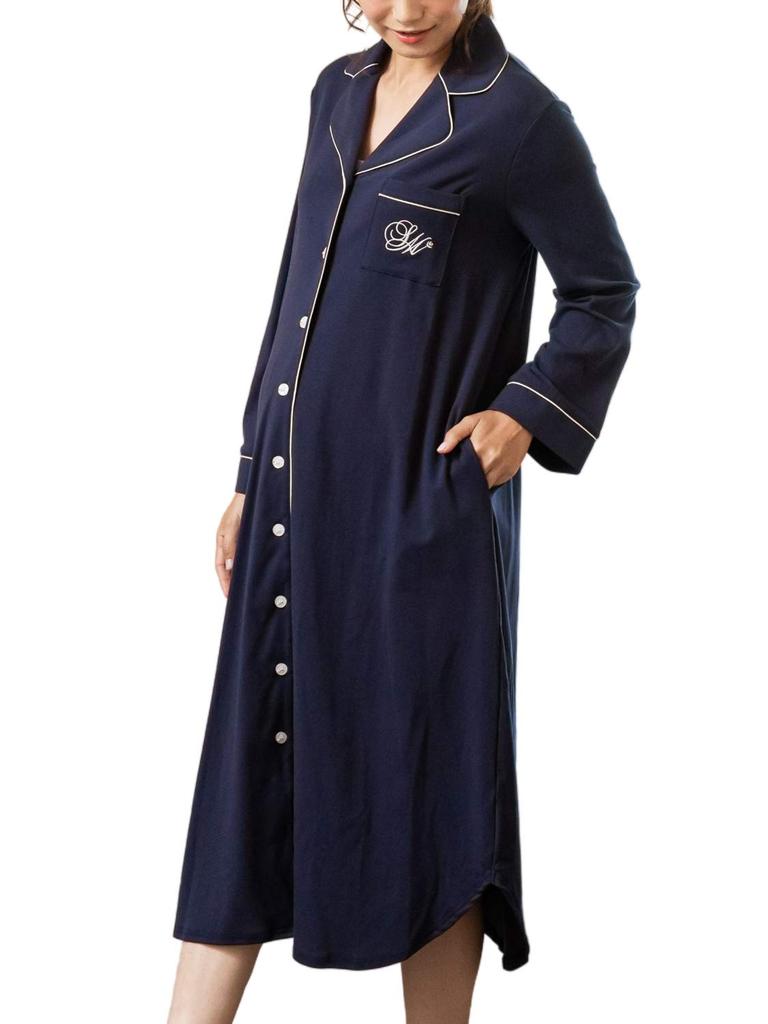 Sweet Mommy Maternity Pajamas One Piece Type Open Front Silky Cotton Gown Line Color Scheme Navy M