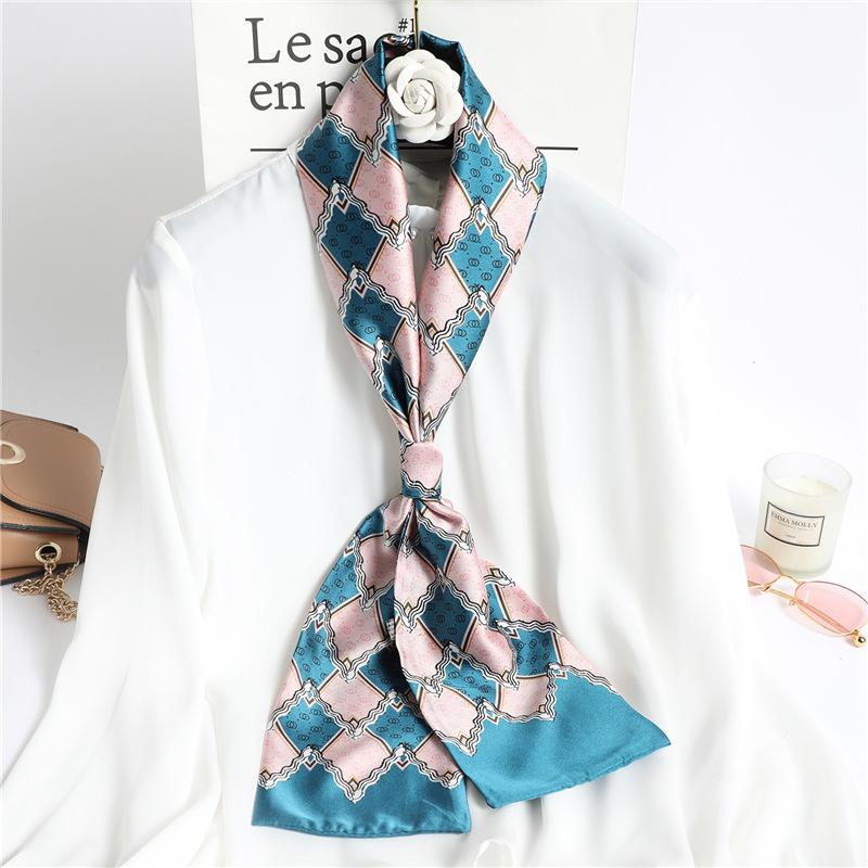 Thin and narrow long silk scarf Double-layer double-sided scarf Simulation silk female Korean version fashionable versatile decorative scarf literary