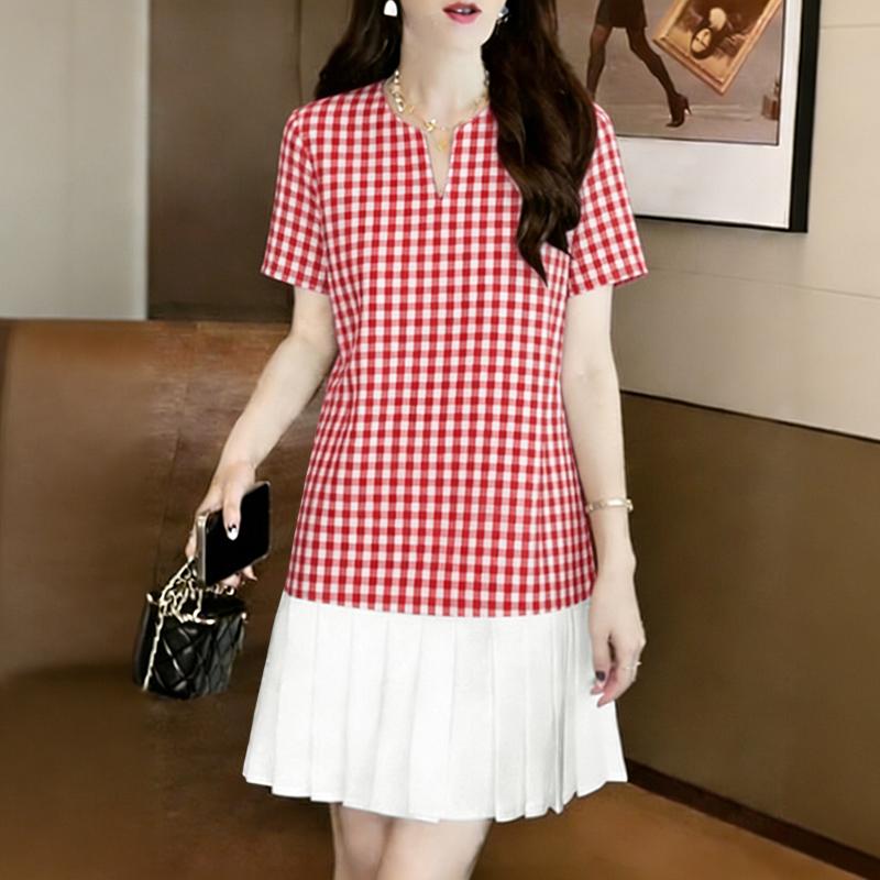 

ZANZEA Women Casual V-Neck Short Sleeve Plaid Print Splice Summer Dress S красный