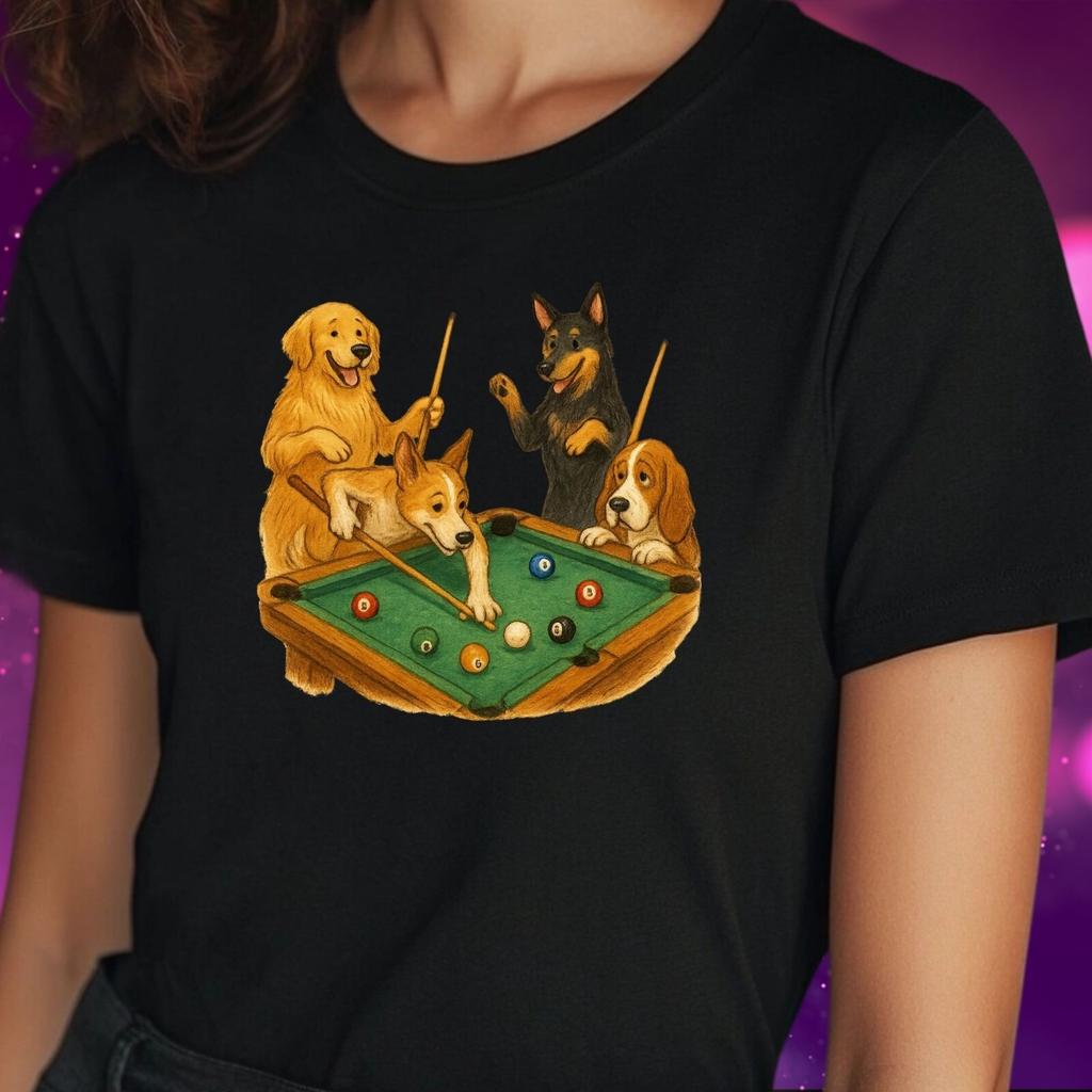 T-Shirt Women Dogs Playing Billiards Motif Cotton Size S To 3XLWill Open In a New Window or Tab
