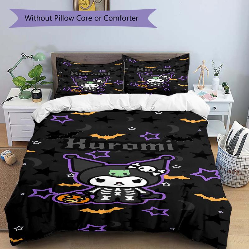 3pcs Spooky Fun with Bats Stars and Pumpkins Halloween Kuromi Bedding Set Includes Quilt Cover and Pillowcases, Suitable for All Seasons, Machine