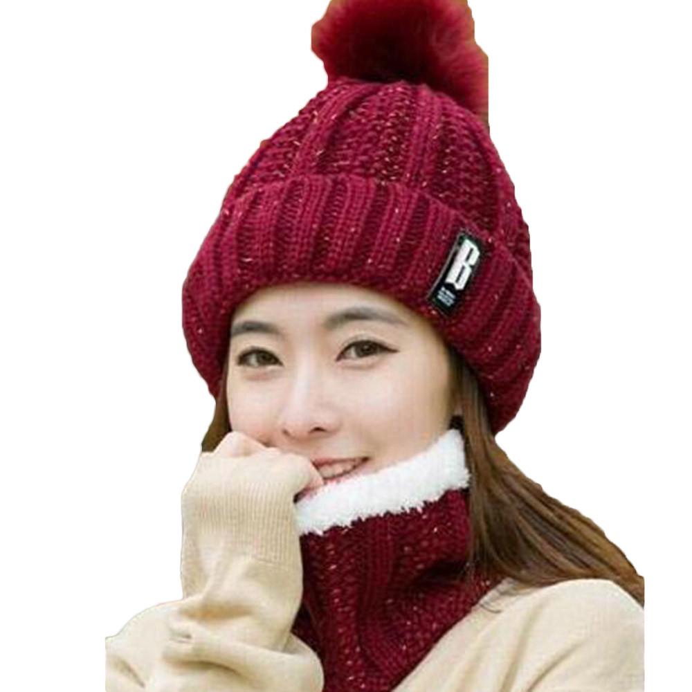  Women Ladies Warm Winter Hairball Plus Velvet  Knitted  Cap+Scarf 