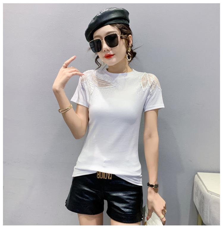 2024 Women's Slim Fit Lace Hollow Diamond Tee - Short-Sleeved, Round Neck Fashion for Spring/Summer