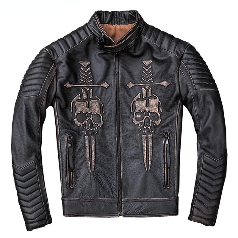 Kurtka motocyklowa Vintage w rozmiarze chińskim Czaszka 100% skóra bydlęca Slim Fit męska skórzana kurtka Zniszczona kurtka motocyklowa zimowa M203
