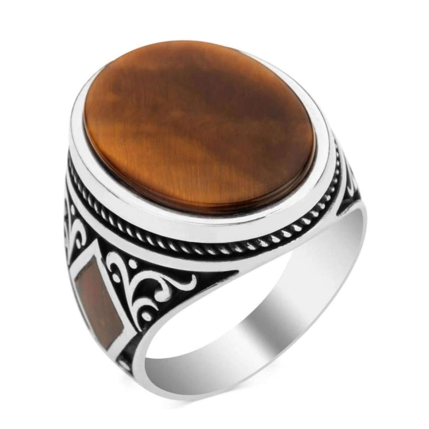 

Мужское кольцо с коричневым тигровым глазом и симметричным мотивом из стерлингового серебра