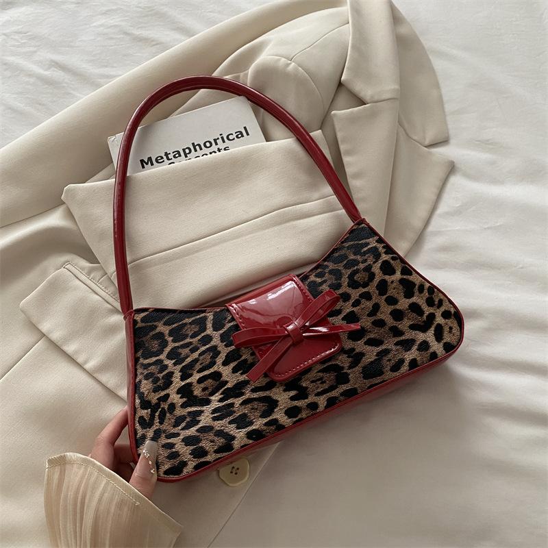 Retro Leopard Print PU Leather Women's Shoulder Bags Fashi Versatile Ladies Underarm Bags Simple Bowknot Female Handbags