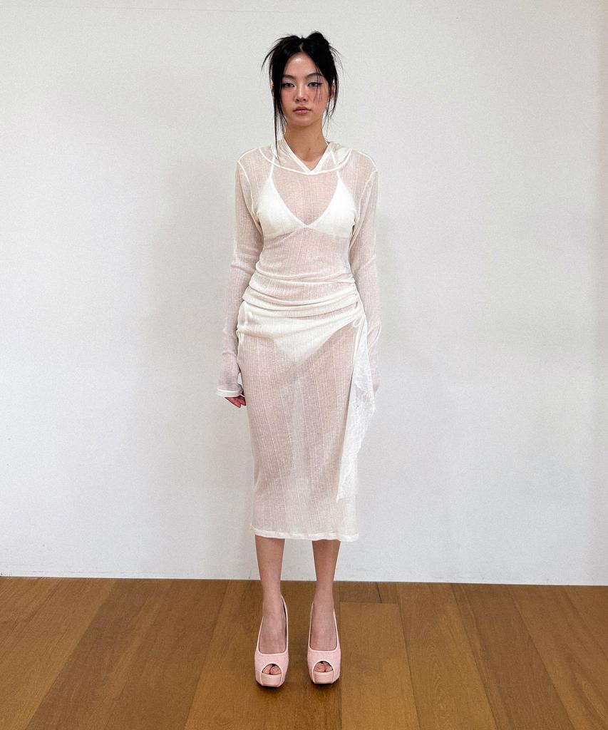 VINAJ Lace Shirring Mix Hooded See-Through Dress (White)
