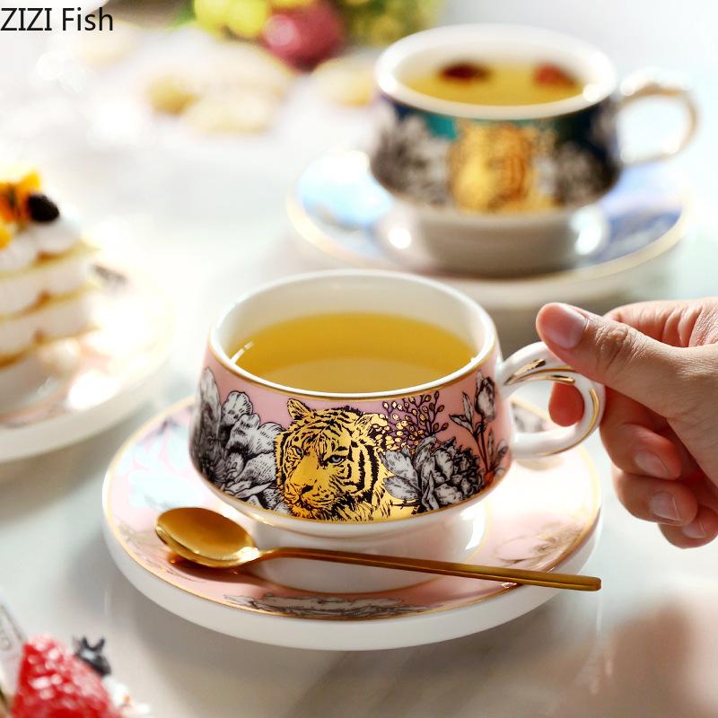 Fierce Tiger Pattern Porcelain Cup&saucer Exquisite Coffee Mug Dining Table Milk Mugs Afternoon Tea Teacup Fruits Juice Cup