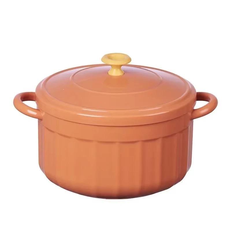 1 Pcs Noodle Bowl Microwave-Heatable Stockpot Stainless Steel Bowl Tableware Modern Double Ear Soup Bowls With Lid Candy Color