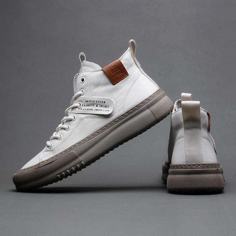 Men's Mid-top Sports and Casual Shoes Men's Boots Winter Warm Leather Shoes Versatile White Sneakers Ankle Boots High Top Shoes