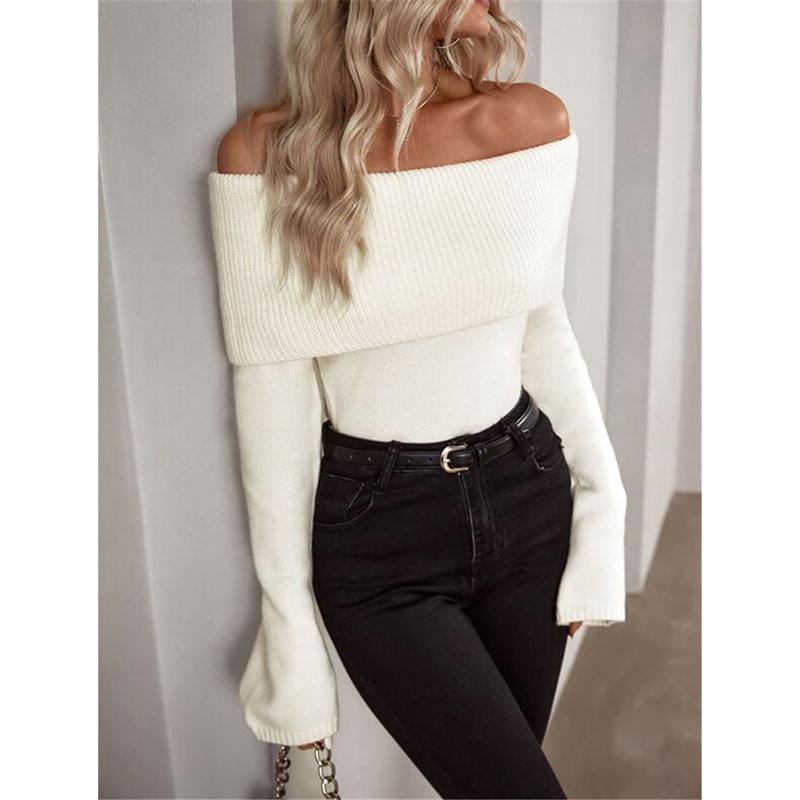 

Сексуальные вязаные свитера с открытыми плечами для женщин, модные однотонные приталенные пуловеры в рубчик, новые джемперы с длинным рукавом M белый