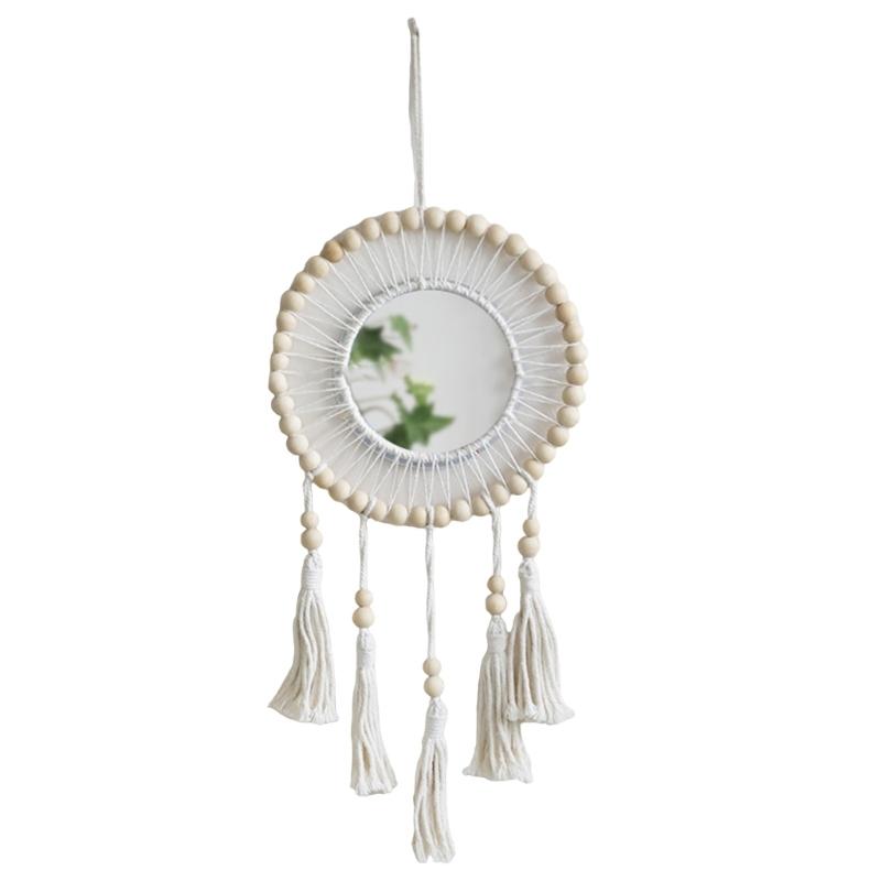 Bohemian Handmade Wood Beads Woven Tassels Wall Hanging Mirrored Macrames Tapestrys Decorative Mirrored for Bedroom 1 белый