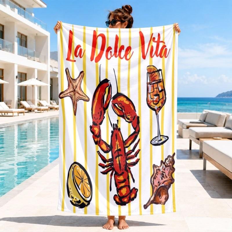 Mediterranean Summer Doodle Style Pink White Stripe Lobster Fruit Seafood La Dolce Vita Print Quick Dry Beach Towel