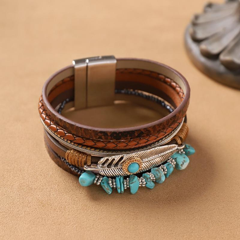 Vintage Maillard Wasteland Wind Cowhide Stacked Bracelet Bohemian Exotic Bracelet Medieval Accessories Women