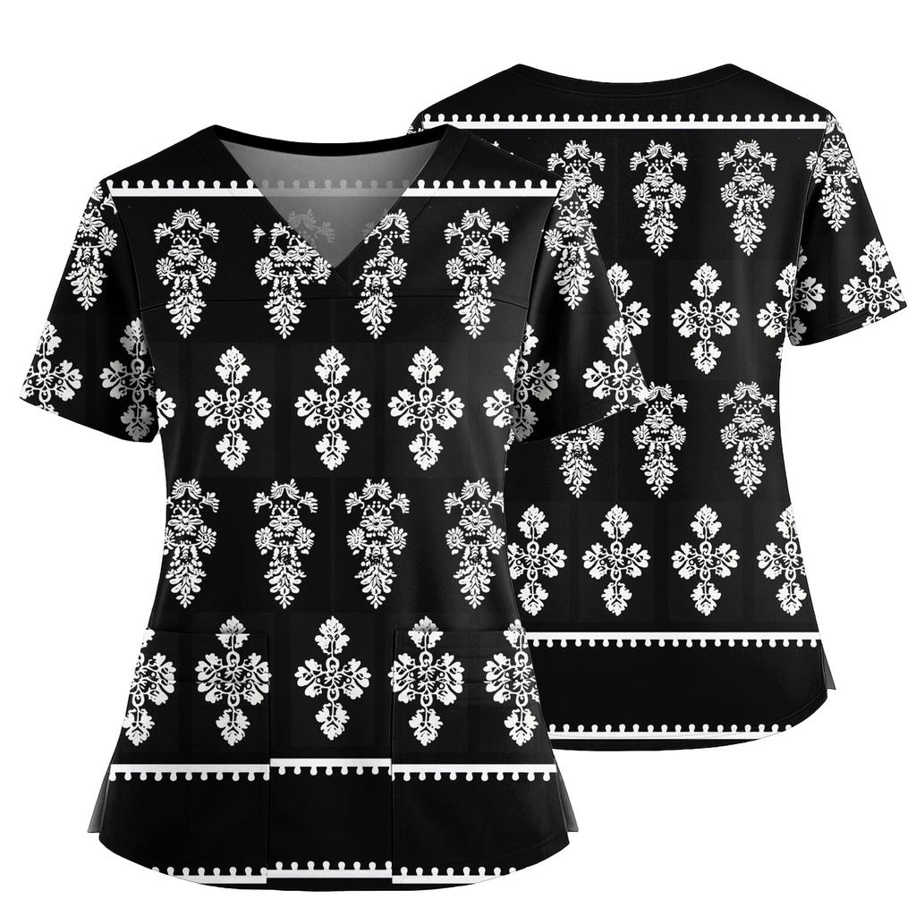 Women's Casual Printed V-Neck Pocket Side Slit Short Sleeved Top Short Sleeved Top