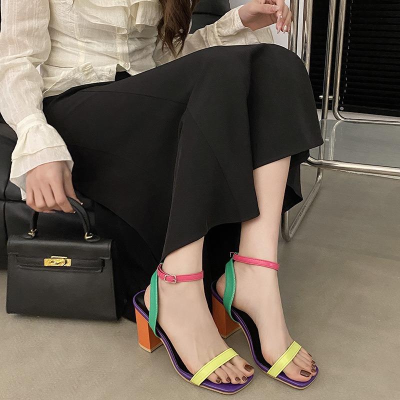 Colored Lace Up Plus Size High-heeled Sandals for Women with Thick Heels