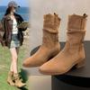 Square Head Fashion Boots Retro Style New Versatile Pleated Thick Heel Small Autumn and Winter Mid-tube Boots Women's Pile 2025