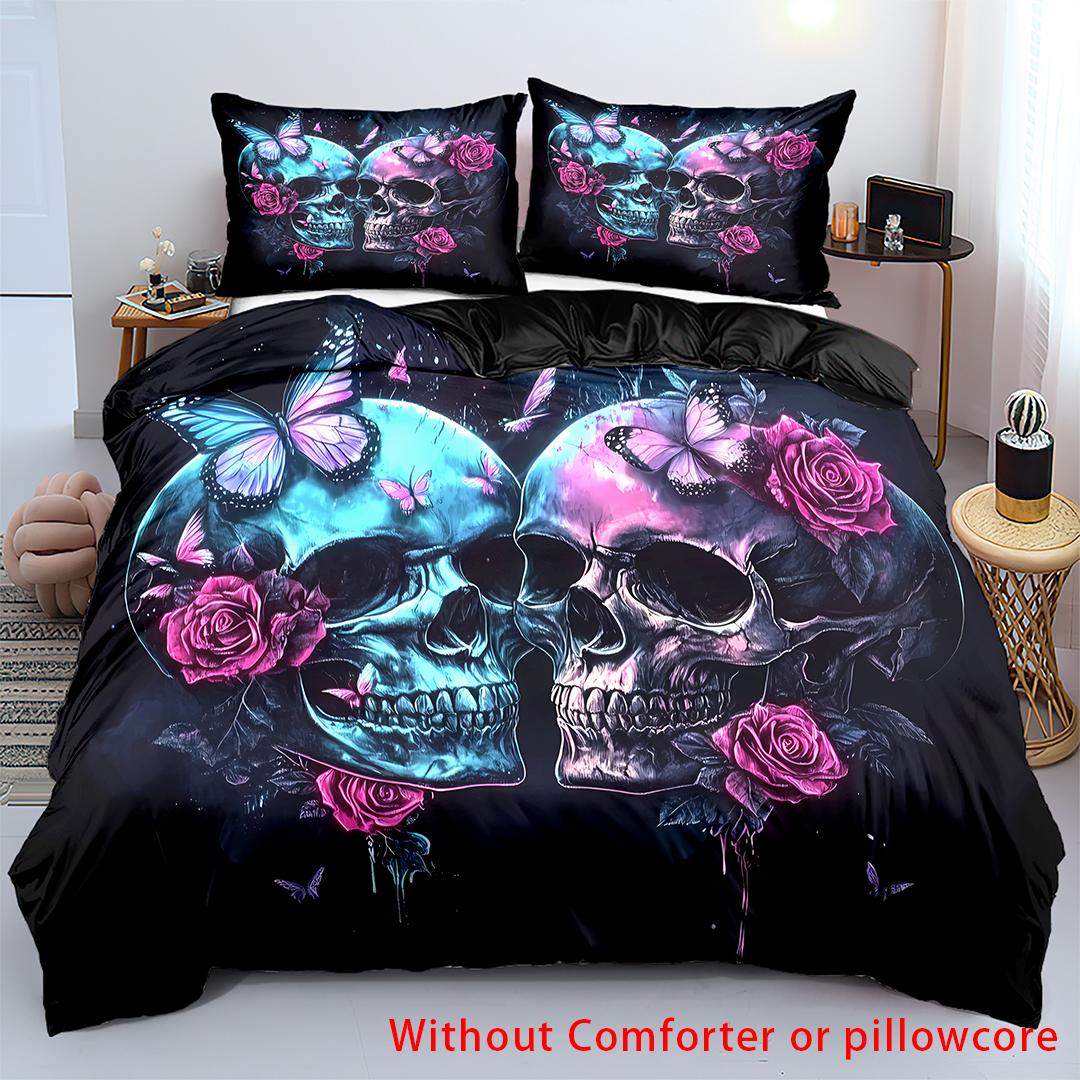

3D Printed Black Skull Skeleton Bedding Set Colorful Vintage Rose Duvet Cover Luxury Soft Home Hippie Style Duvet Cover Sets EU single(135x200cm)