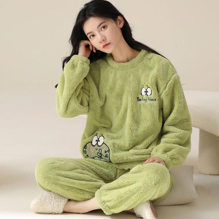 2024 Autumn Winter Flannel Warm Women's Pajamas Sets Long Sleeve Women Sleepwear Plaid Pants Two Piece Set Pyjamas Coral Velvet Pijama Homewear Girl