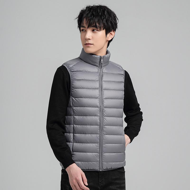 Winter Thin Down Sleeveless Vest for Men Solid Color Stand Collar White Duck Down Thermal Top Jacket for Men