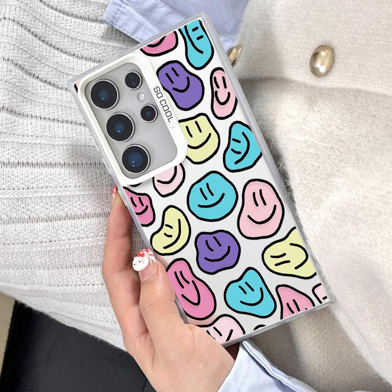 For Samsung Galaxy S21 FE S24 S23 Ultra Plus FE S25 S22 Ultra Plus Laser Phone Case Cute Cartoon Smile Face Shockproof Covers