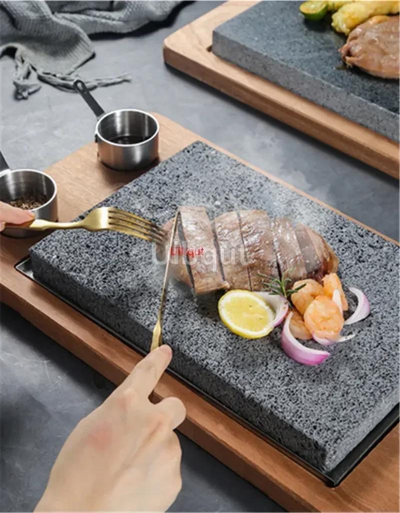 High temperature resistant volcanic rock natural stone steak tray grill plate granite slab board frying plate rock stone slab